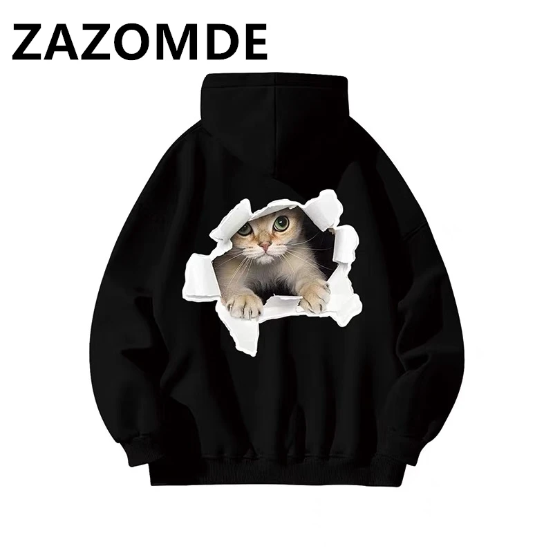 

ZAZOMDE Winter Print Hoodie Loose Sweatshirt Pullover Cotton Hoodie Vintage Streetwear Drawstring Front Pocket Cat Print Hoodies