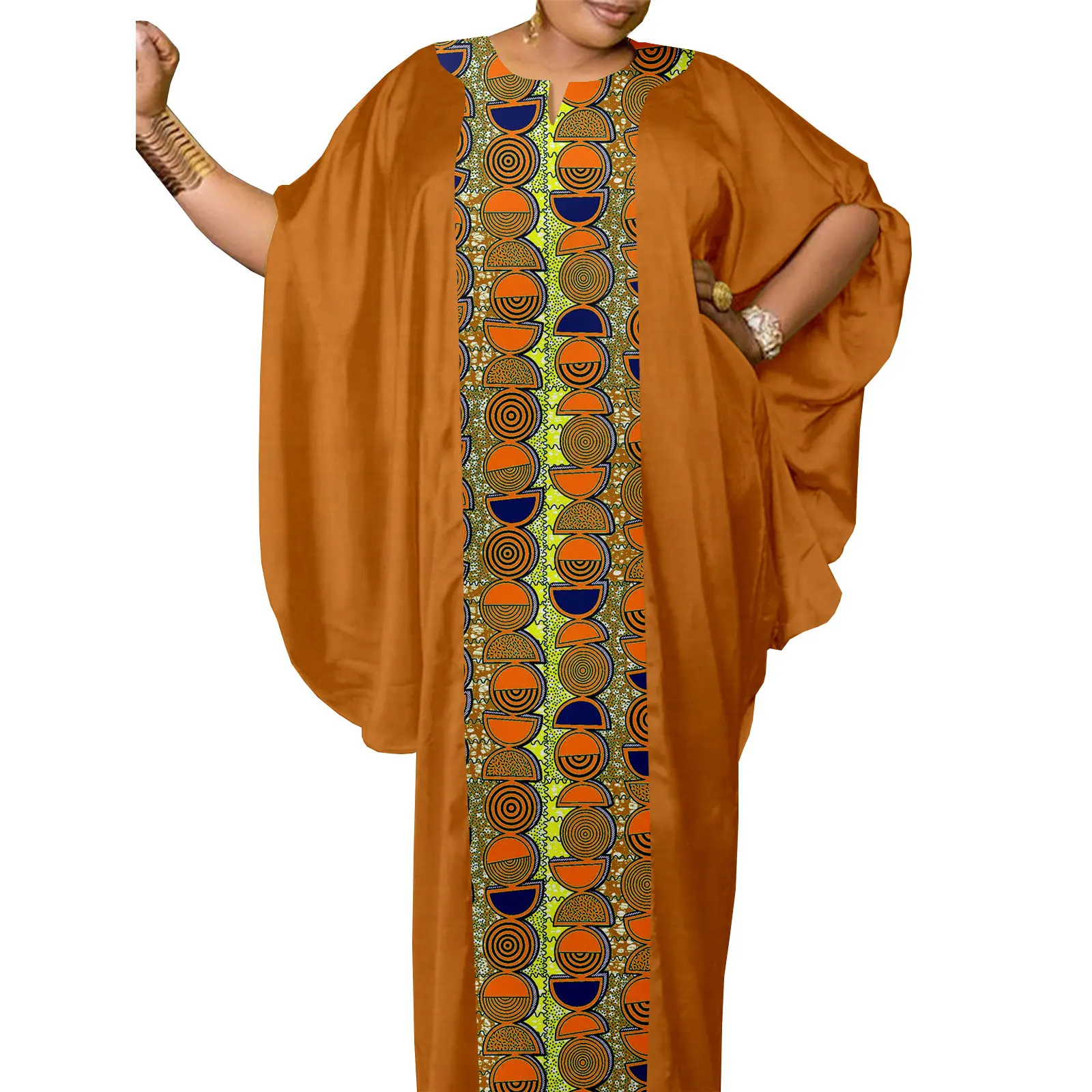 African Women's Plus Size Dresses Ankara Calico Round Neck Half Sleeve Patchwork Gown Dress A2325001