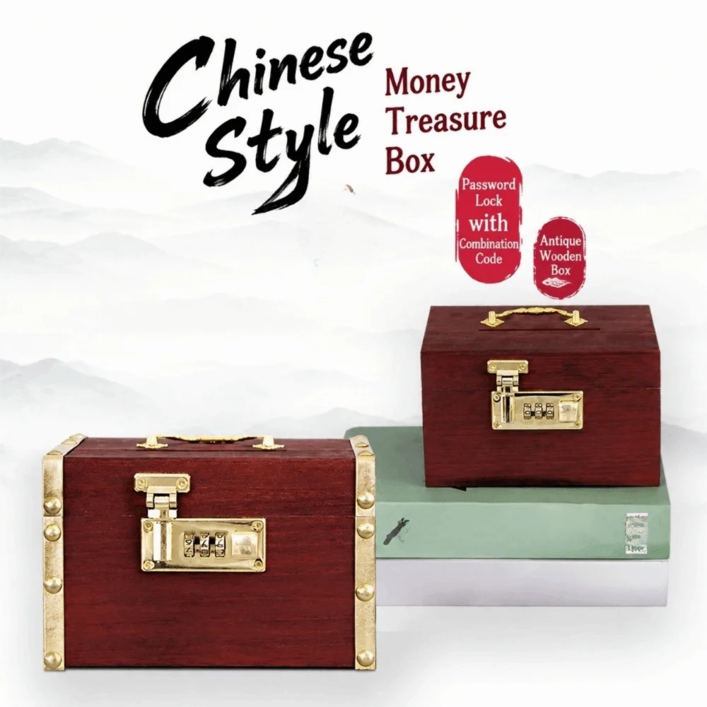Retro Wooden Money Bank With Password Lock Large Capacity Piggy Bank Three-digit Password With Handle Treasure Storage Box