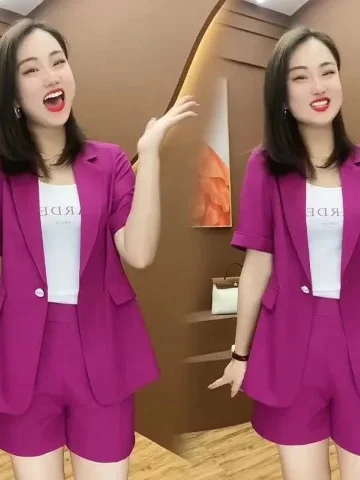 Summer Fashion plus Size Women's Suit Set Short Sleeve Jacket And Slimming Pants Two Piece Ensemble Korean Style Commute Wear