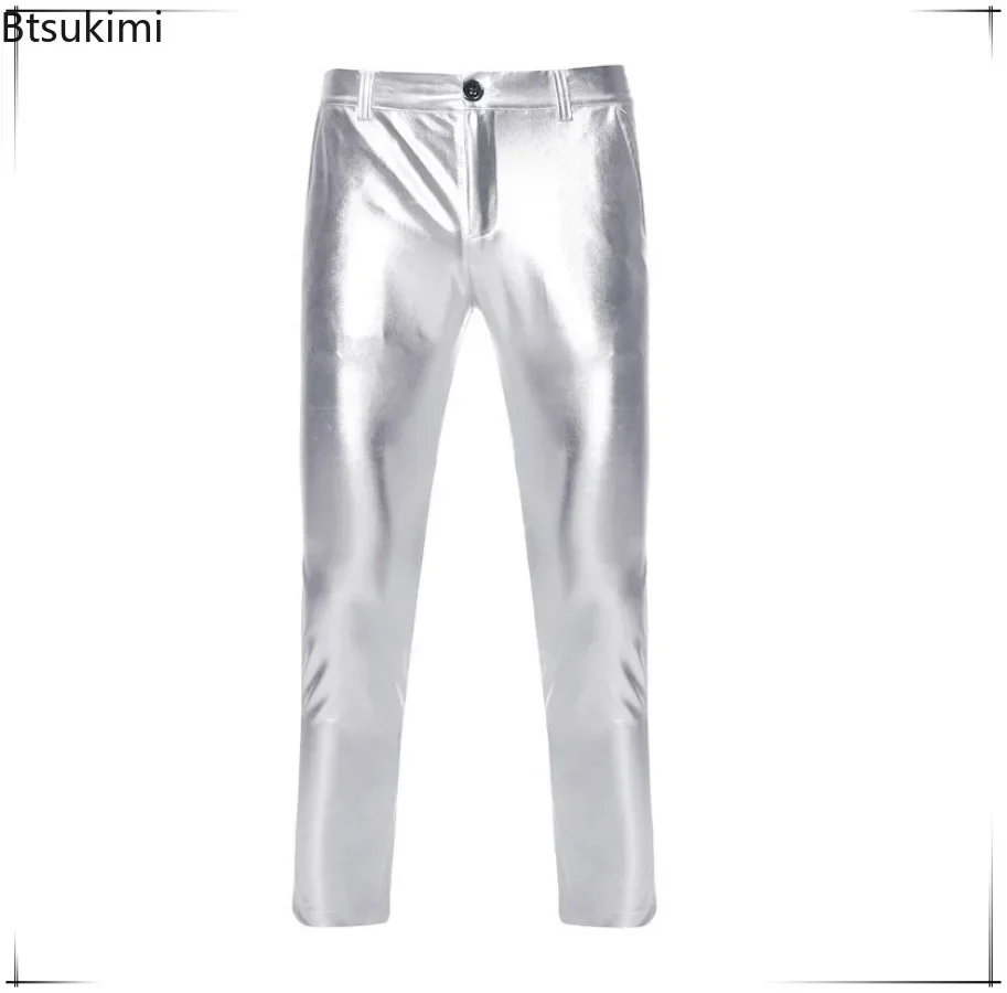 New Men's Shiny Pants Chic Motorcycle Pants Metallic Sweatpants Streetwear Casual Pants Nightclub Stage Perform Clothing for Men