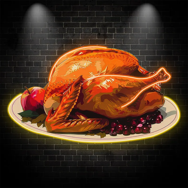 Roasted Turkey Neon Light Sign, Festive Thanksgiving Decor with Cherry Accents, Perfect for Kitchen, Dining Room & Holiday Event