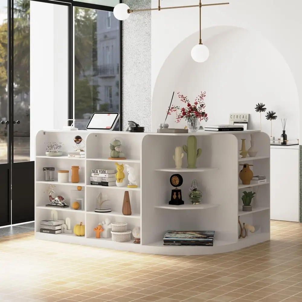 

L-образная стойка регистрации с 3-мя ящиками и полками для витрин, идеально подходит для розничной торговли и приема, белый