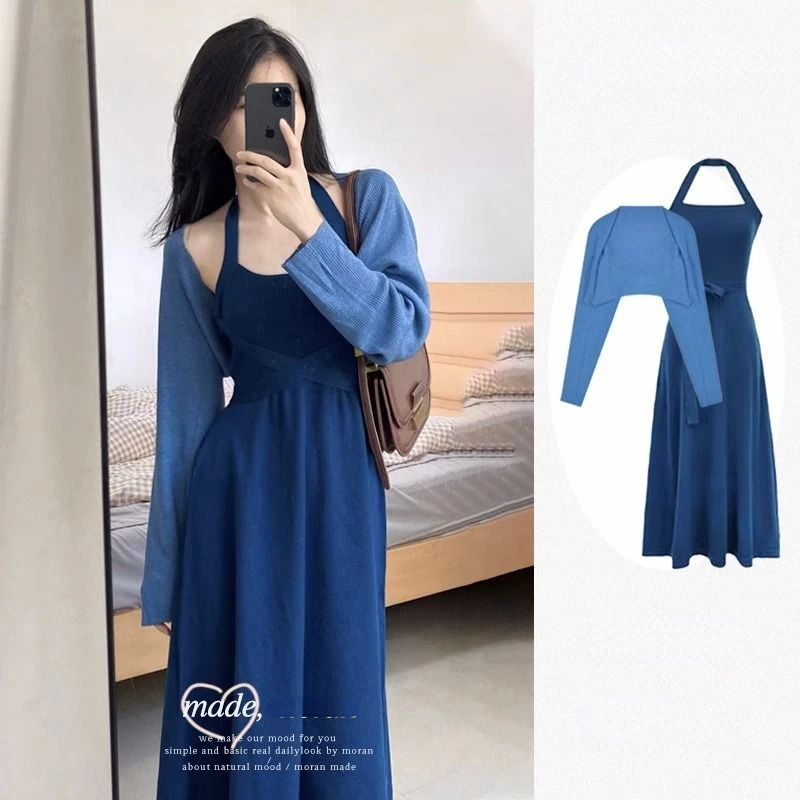 

Fashionable Celebrity Hanging Neck Dress Outer Fashion Simple 2023 Early Autumn High Grade Design Cardigan Dress Two Piece Set