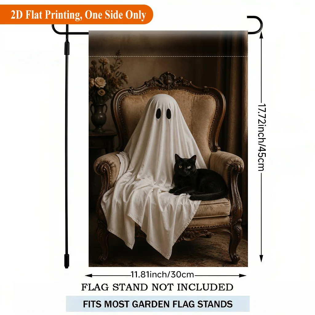 2D Flat Garden Flag 1 Piece, Black Cat Holiday Yard Outdoor Flag on Ghost Chair, for Outdoor Home and Yard Holiday Decorations, Valentine's Day, Mother's Day, Christmas, Thanksgiving, Halloween, Flagpole Free (Flags Only)