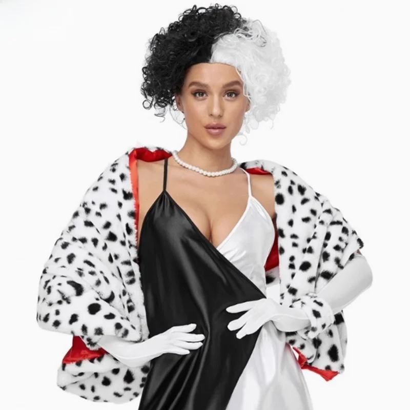 

Костюм на Хэллоуин: Круэлла, собака с пятнами, леопардовый принт, ведьма, черно-белый магический плащ, искусственные волосы, полиэстер, 100% полиэстер