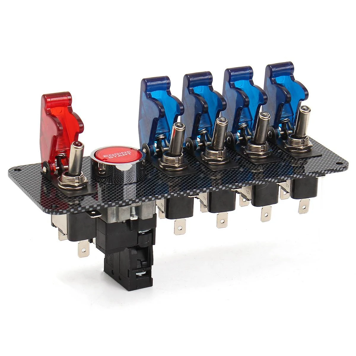 12V Toggle Switch Panel 6 in 1 LED Racing Car Ignition Switch Engine Start On/Off Push, Carbon Fiber