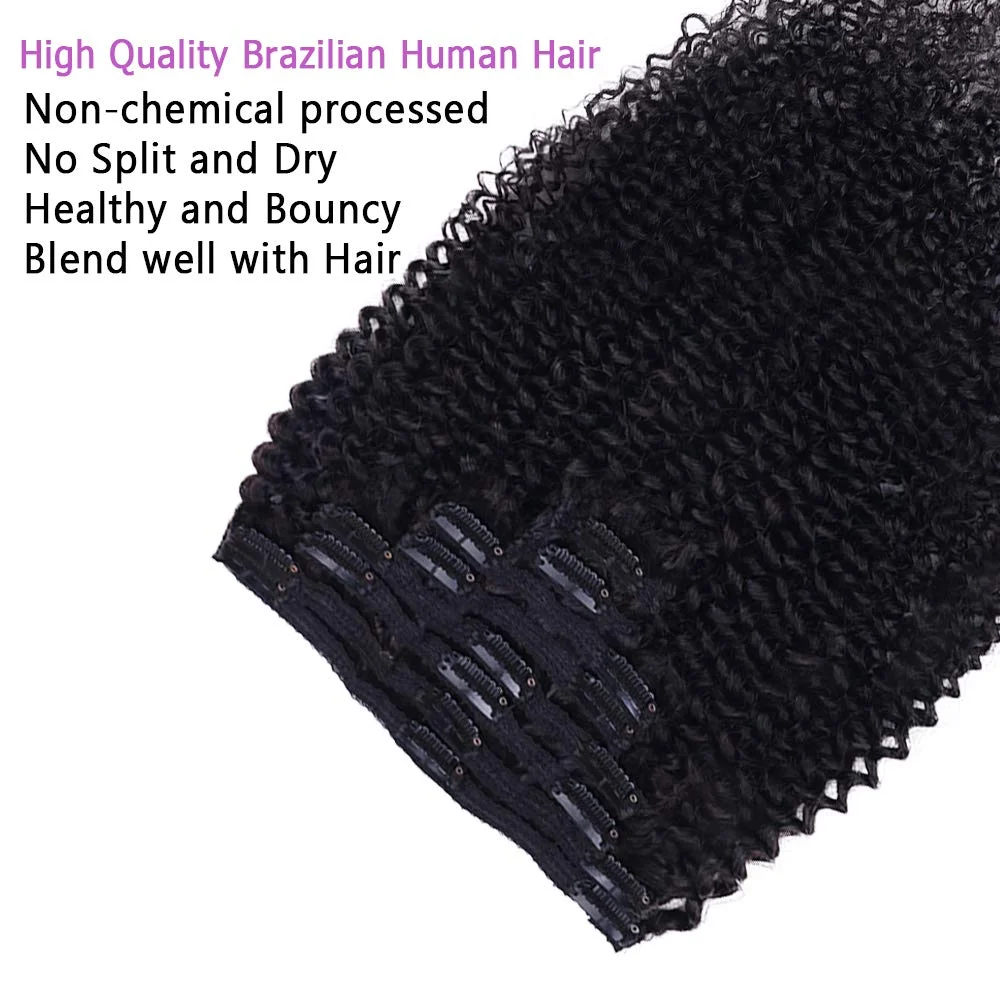 Clip nell'estensione Testa piena riccia crespa per donne nere Capelli umani Remy brasiliani Colore naturale 8 pezzi con 18 clip 120 g/set