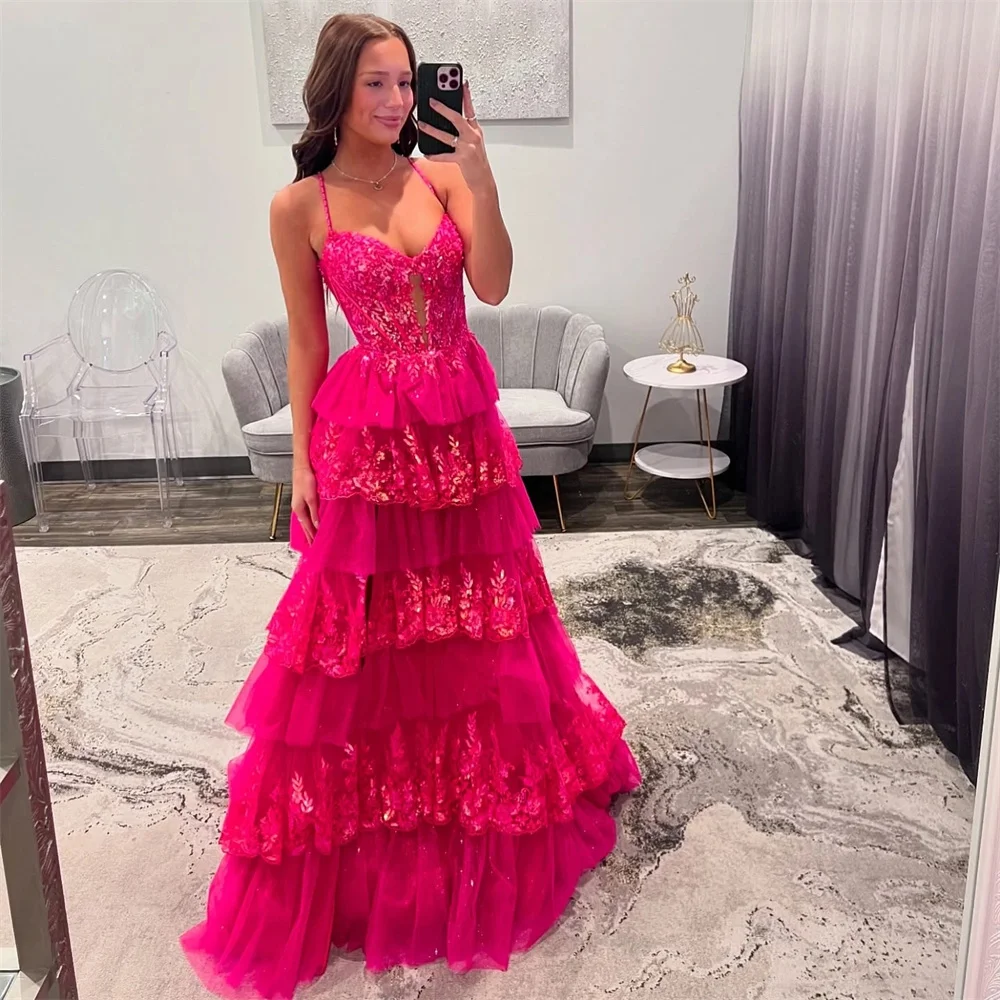 Mila rouge Spaghetti sangle robe de soirée de mariage personnalisé dos nu dos nu robes de soirée en cascade à volants vestidos de fiesta