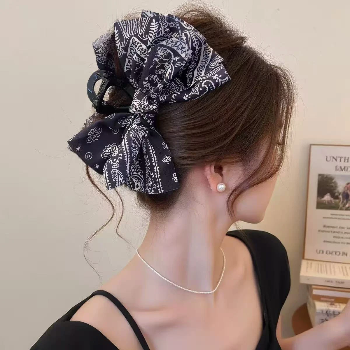1 قطعة زهرة الكاجو الرجعية الأمعاء الغليظة scrunchie ، الكورية المطبوعة كبيرة القوس دبوس الشعر ، الراقية الجزء الخلفي من الرأس أوبدو القرش كليب #3