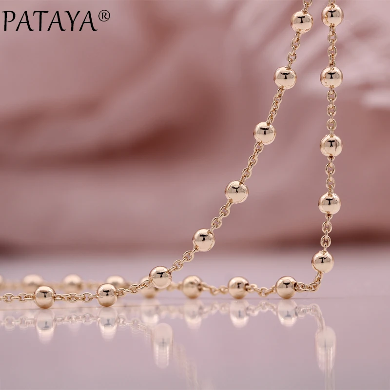 PATAYA 3mm Wide Round Beaded Bracelets 19cm Necklace 55cm 585 Rose Gold Color Ball Bead Link Chains Fashion Jewelry Gift for Wom