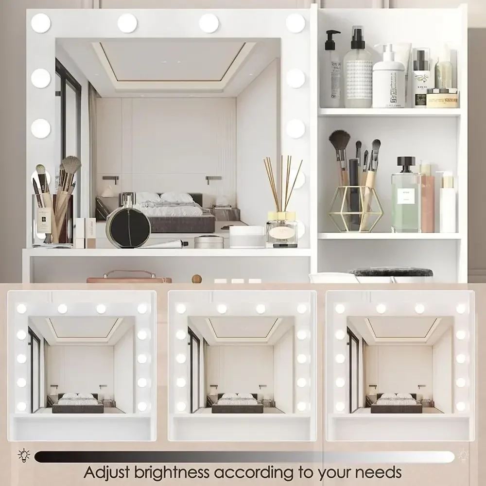 White LED-lit 3-Color Makeup Vanity Desk with 5 Drawers, 3 Shelves, and Stool