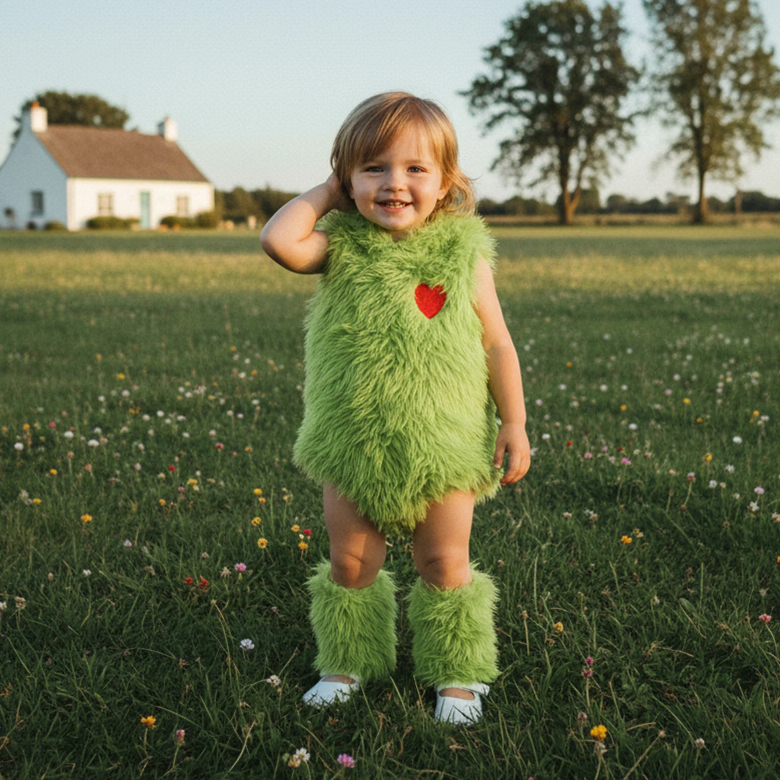Newborn Baby Girls Christmas Plush Romper Green Sleeveless Hooded Heart Embroidery Jumpsuit with Leg Warmers