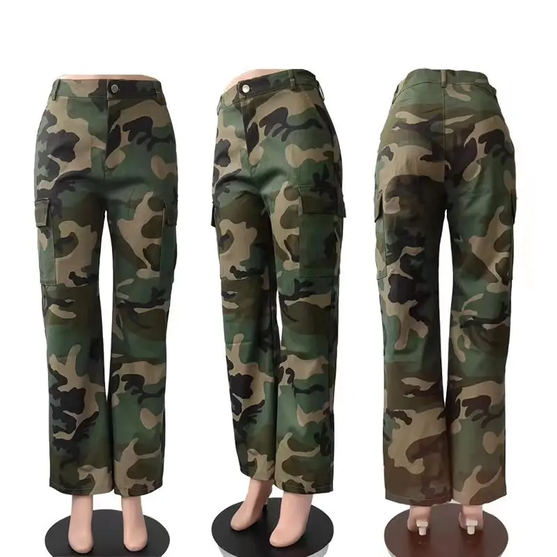 Green casual street pants Europe and America 2023 casual printed high waisted straight tube multicolor camouflage overalls