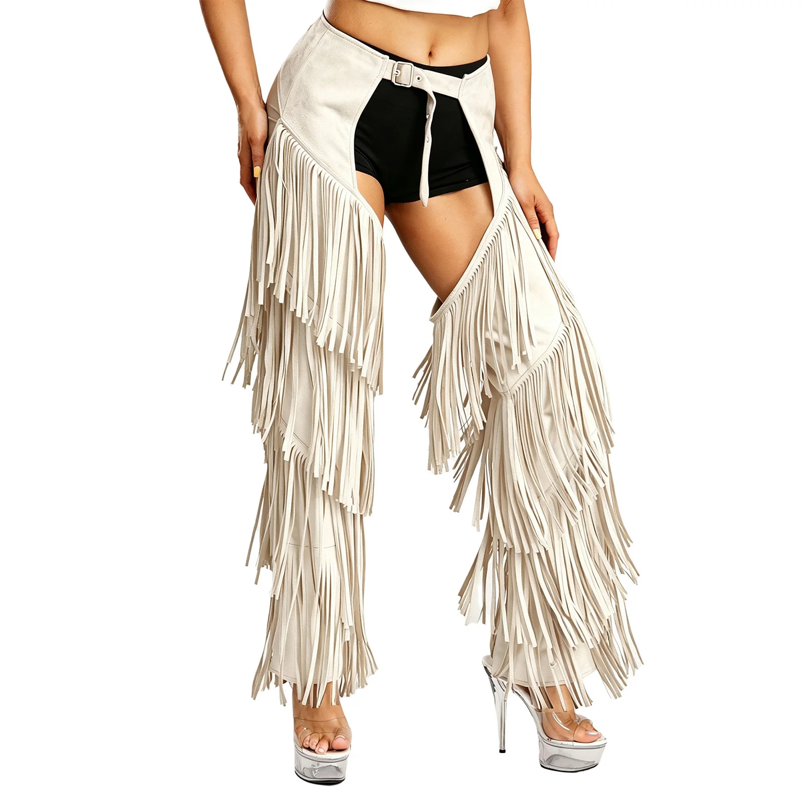 Damen Western Cowgirl Cosplay Kostüm Offene Chaps-Hose mit Fransen, Ohne Gesäß, Verstellbaren Schnallen, Motorradhose