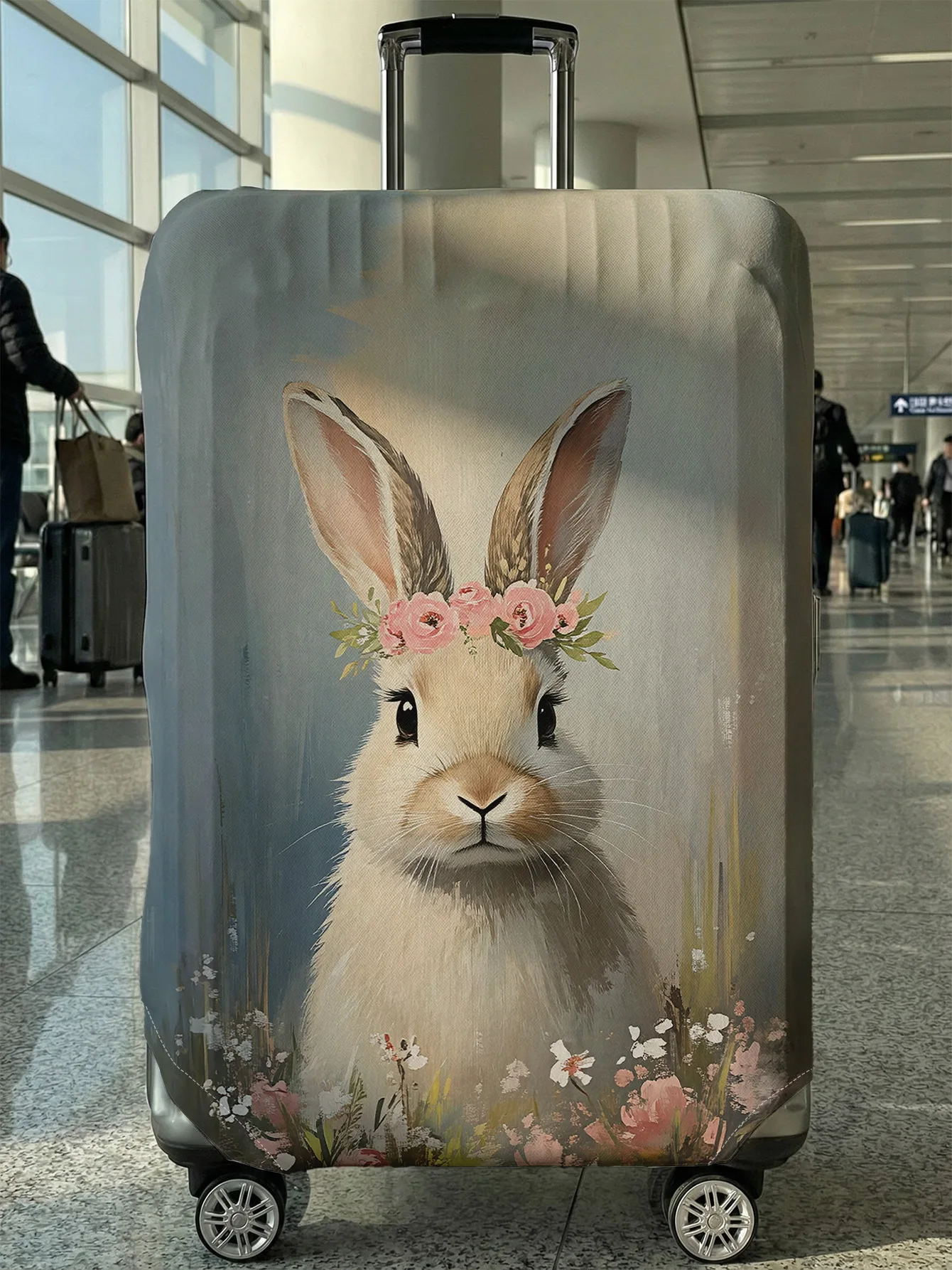 

Gray-Blue Base Flower Wreath Bunny Luggage Cover, Suitable for 18-32 Inch Luggage Cover, Luggage Handle Glove, Travel Accessorie