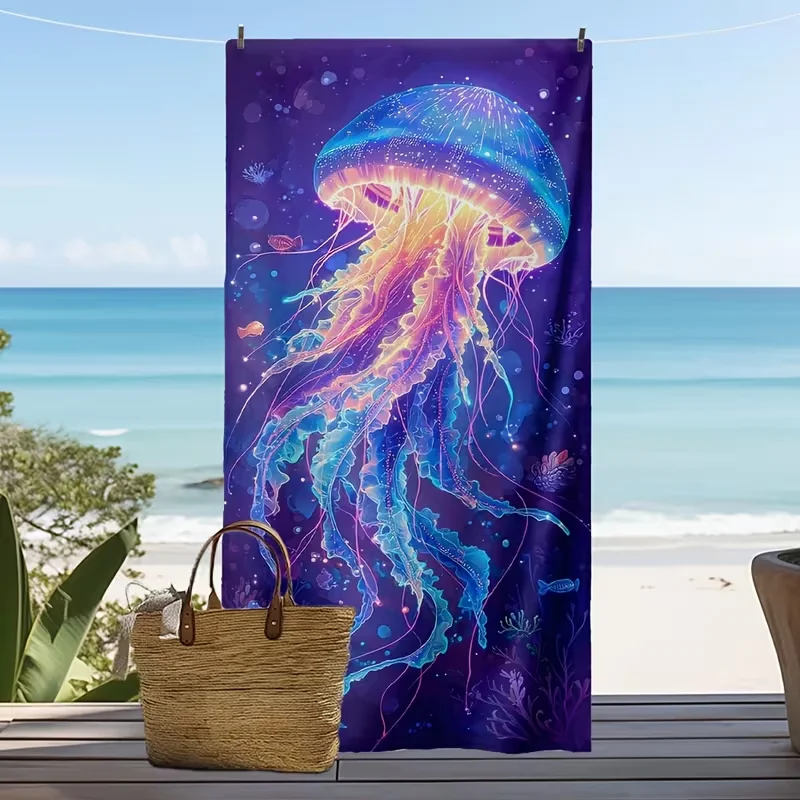 Magical Glowing Jellyfish Print Beach Towel Quick Dry Lightweight Absorbent Ocean Theme Design Towel for Summer Vacation Pool