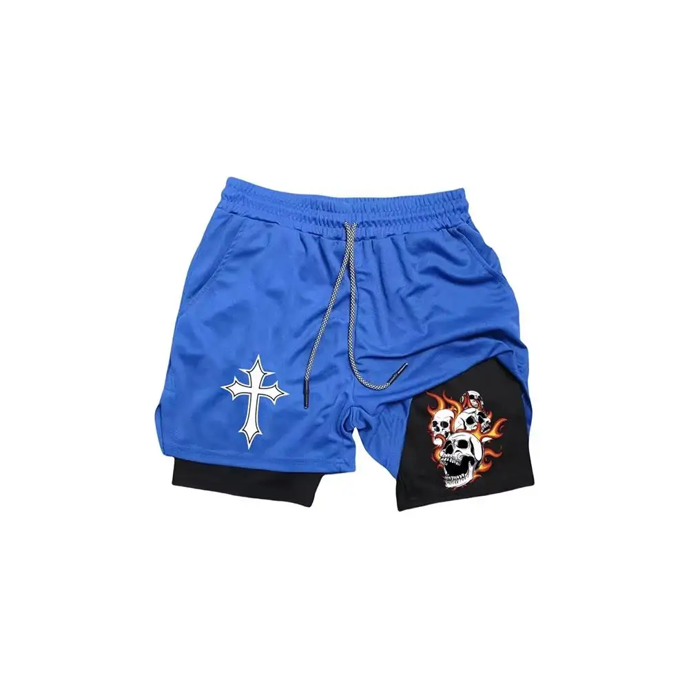 Short de Fitness deux en un pour hommes, pantalon de plage Double couche, imprimé tendance, sport, entraînement en plein air, course à pied, HX0047