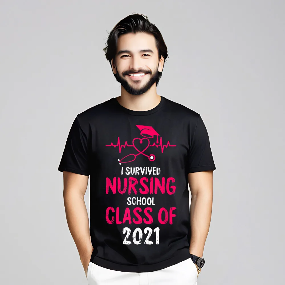

Family I Survived Nursing School 2021 Funny Short Sleeve Autumn Tops & Tees Cute Crew Neck Pure Cotton T-Shirt Male Tshirts