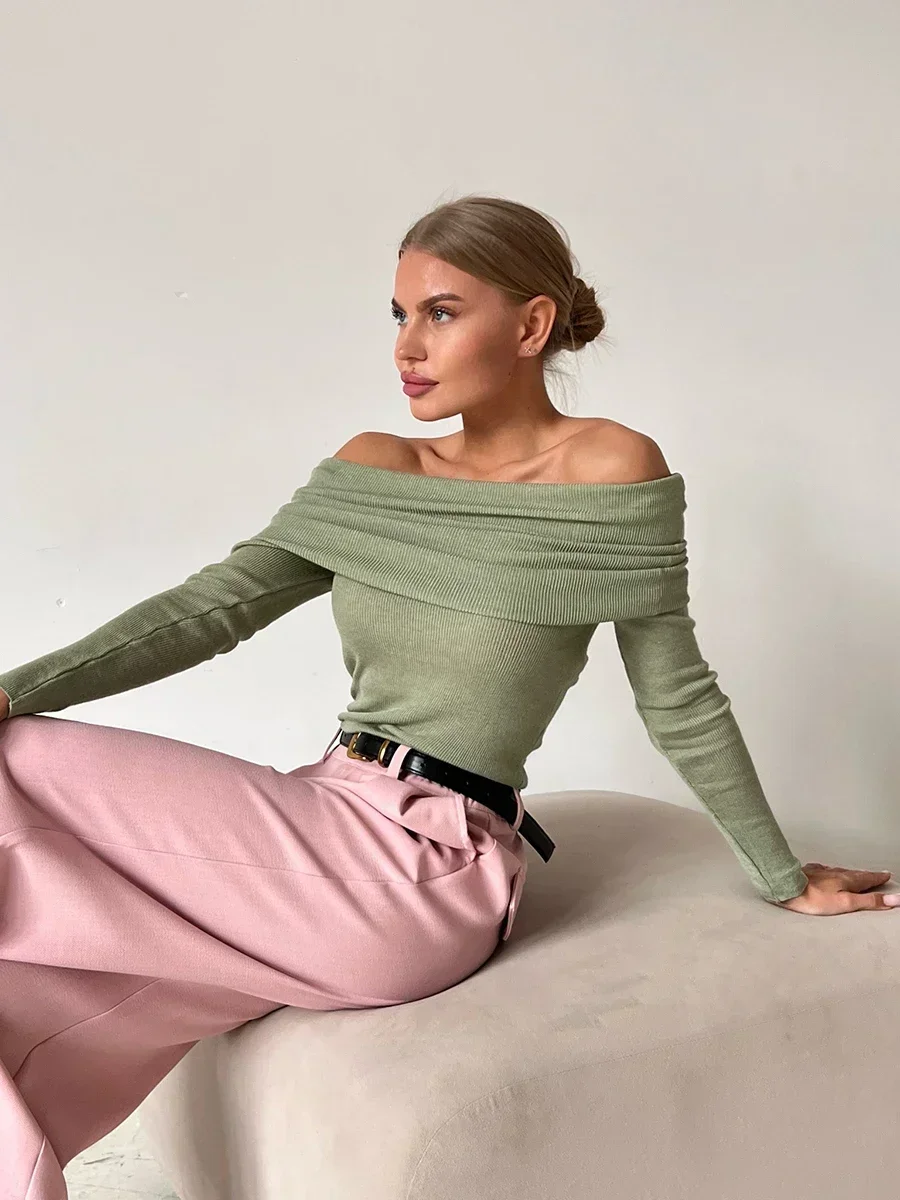 Sumuyoo, camiseta de lana tejida para mujer, ajustada, manga larga, Otoño Invierno, suéter básico elegante con hombros descubiertos, ropa de calle,