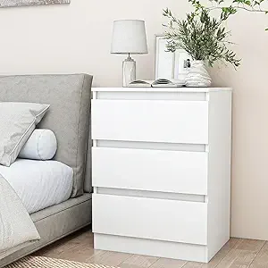 

White Nightstand with 3 Ders,ern Tall Bede Table with Storage or Bedroom,End Side Table with No-Handle Design or Living Room