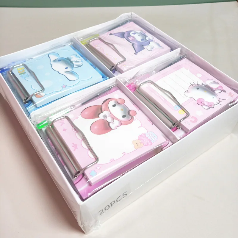 20pcs Board Clip Sticky Note Book With Ballpoint Pen Hello Kitty Kuromi Cinnamoroll Student Portable Notebook Stationery Set