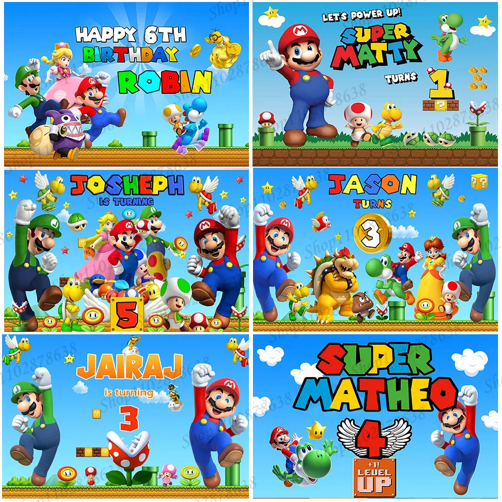 

Customized Name Age Backdrop Super Marios Bros Theme Kids Boy Kids Birthday Party Background Baby Shower Banner Props Decor