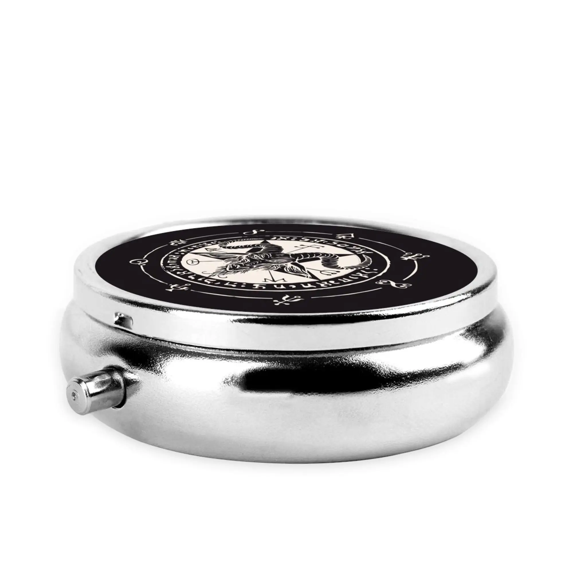 Satanic Black Goat and Pentagram Print Pill Box Round Pill Case Three-Compartment Metal Medicine Vitamin Organizer Unique Gift