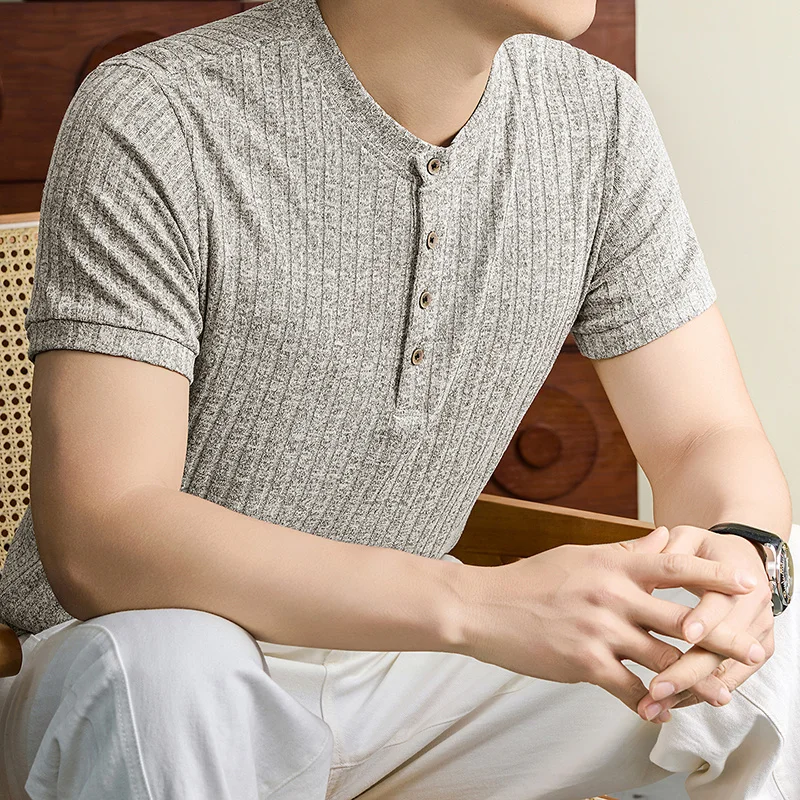 Herren Henley-Kragen Vertikal Geripptes Kurzarm-Strick-T-Shirt Lässige Oberteile Dehnbar Atmungsaktiv Knitterfrei Sommerkleidung – Detail 4