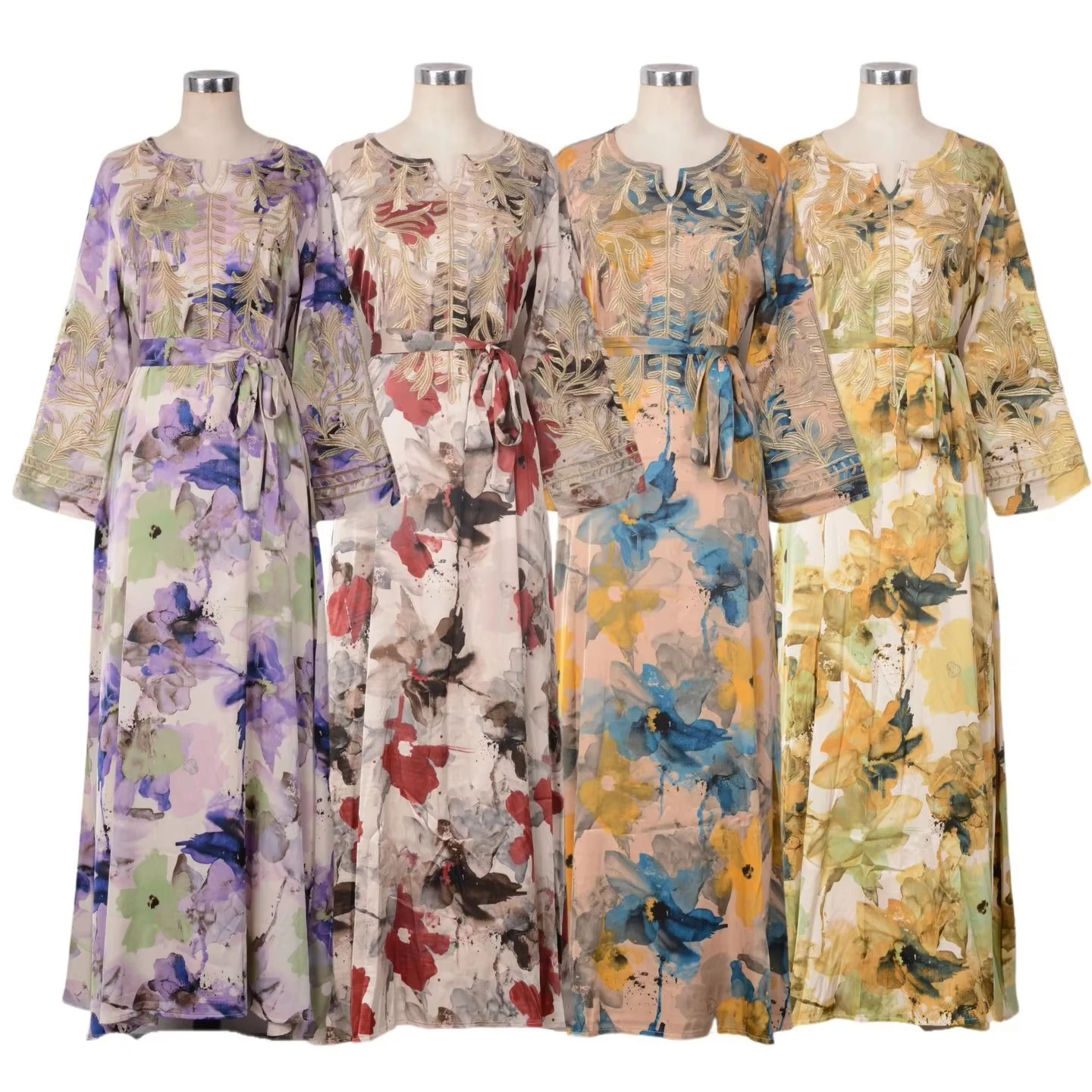 

Новые красочные вышитые Ид оптовая продажа OEM цветочные дышащие антистатические халаты высокого качества Абая Макси платье с длинным рукавом