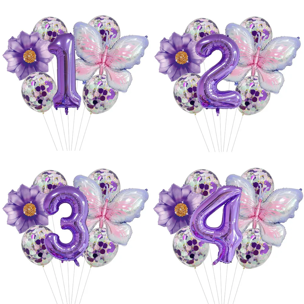 9Pc Butterfly Foil Balloons Set Number Ball Birthday Wedding Baby Shower Party Decorations