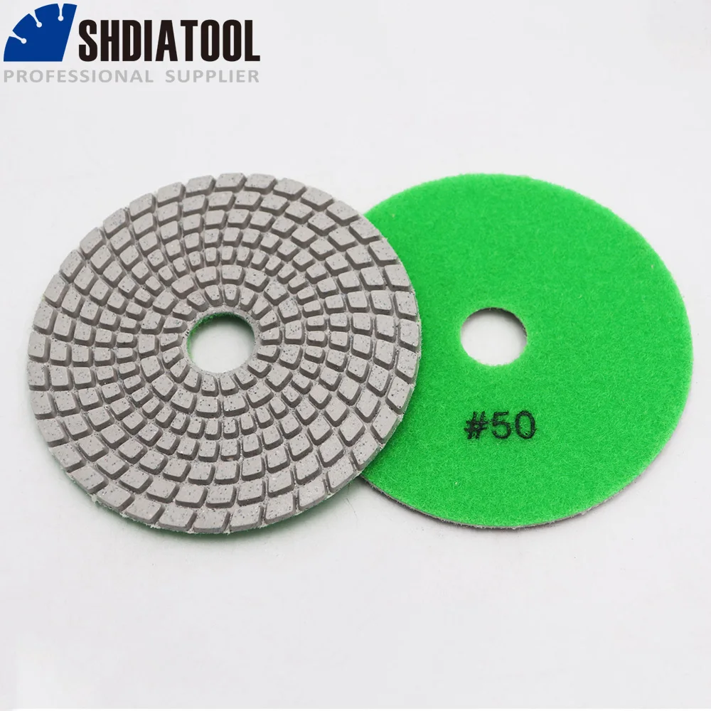 SHDIATOOL 6pcs 4inches Diamond Wet Flexible Polishing Pads #50 100mm White Resin Bond Sanding Disc for Granite Stone Marble