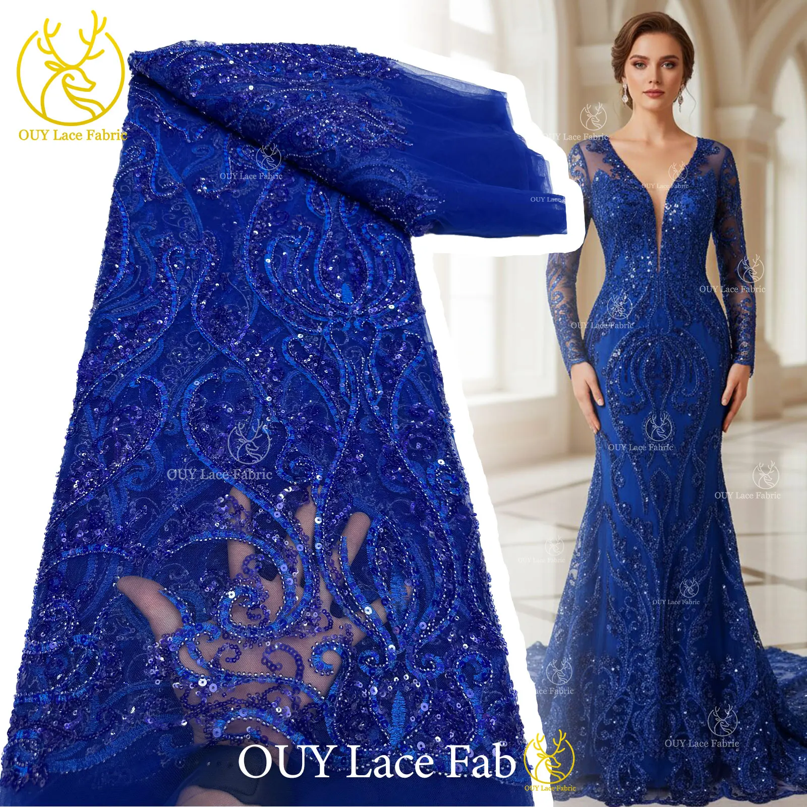 

Luxury African Beaded Lace Fabric 2026 Royal Blue Nigerian French Embroidery Sequin Tulle Lace Fabric for Party Gown Sewing