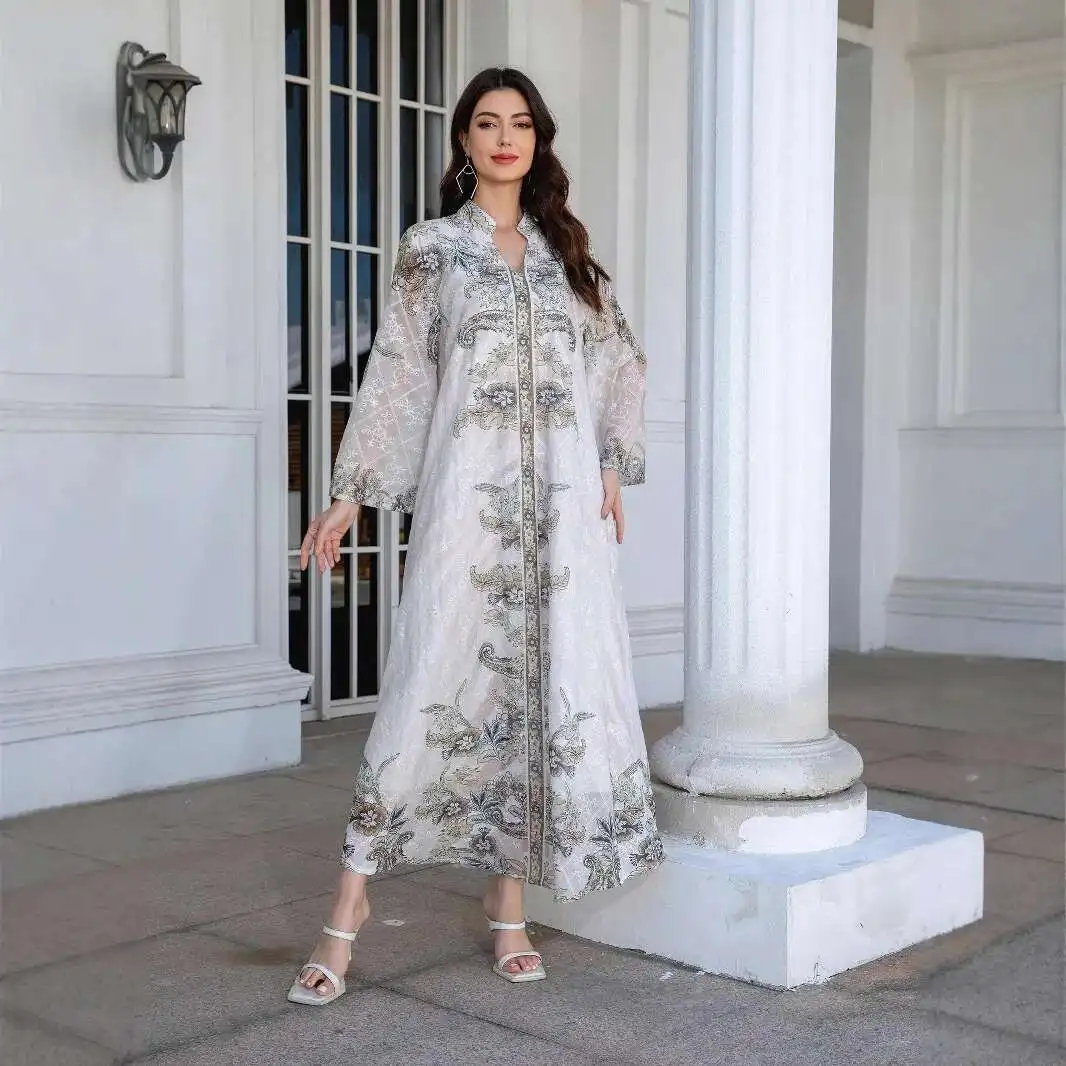 

Stand 241109 Muslim Collar Women's Robe Printed with Rhinestones New Dress Abayas Robe Abaya Ramadan Dubai Luxury Islam Elegant