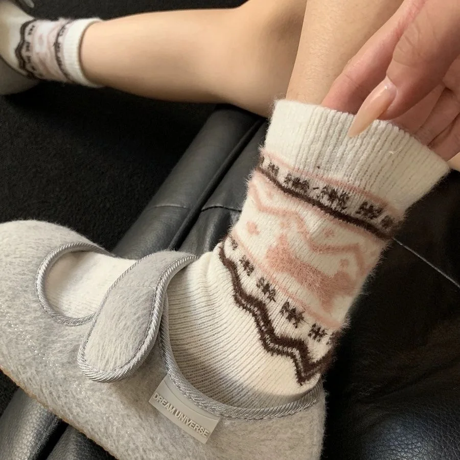 4 Pairs of Random Color Fair Isle Style Socks, Cartoon Warm Mid-Calf Women's Socks, Slouchy Mid-Calf Socks, Autumn and Winter Socks, Thanksgiving Gift