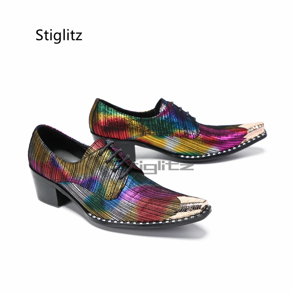 Rainbow Striped Block Heel Derby Shoes for Men Metal Pointed Toe Lace Up Dress Party Stage Performance Wedding Leather Shoes