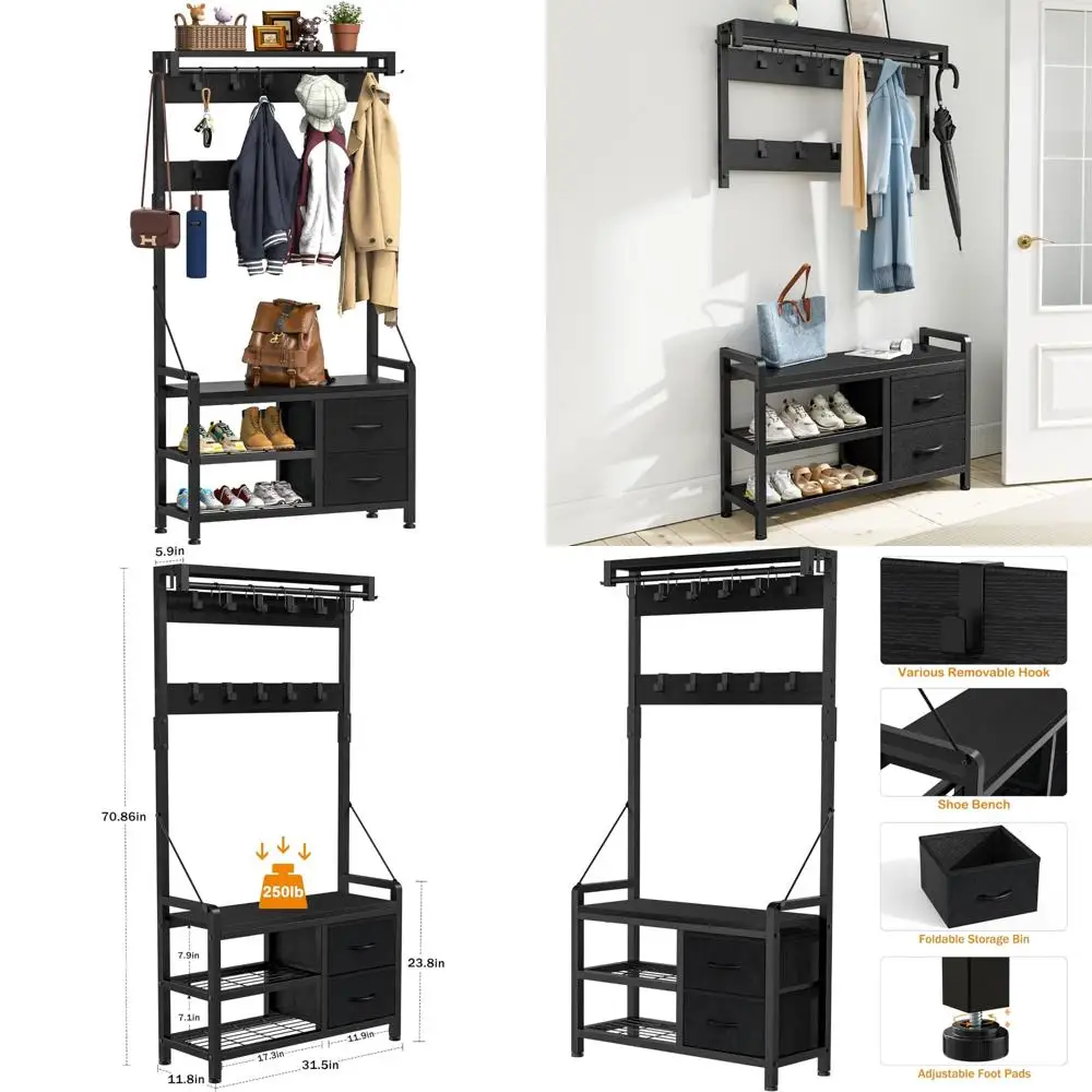 

5-in-1 Entryway Bench with 17 Hooks, Shoe Storage and Coat Rack, Freestanding Intelligent Design for 31.5 Wide Space