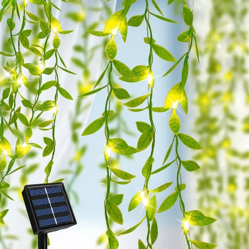 

5M10M Solar Willow Leaf Lamp Outdoor Simulation Green Leaf Waterproof Fairy Flower Wreath Lamp Garden Christmas Party Decoration