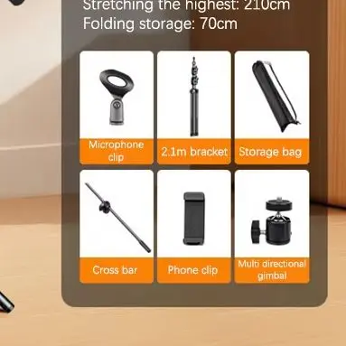 【DC】Microphone Boom Tripod Stand 1.7-2.1M with 66CM Crossbar Arms Clip & Phone Holder Compatible with iPhone Samsung Xiaomi