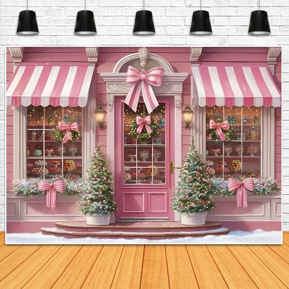 Mocsicka Photography Background Pink Dessert Shop Christmas Winter  Snow Xmas Tree Girl Princess Portrait Photo Backdrops Studio