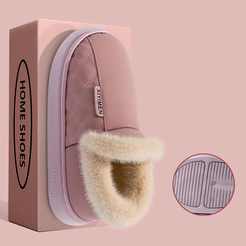 Men's Home Winter Slippers Home Warm Shoes Thick Bottom Plush Waterproof PU Leather Couples Anti-slip Flat Cotton Shoe for Women