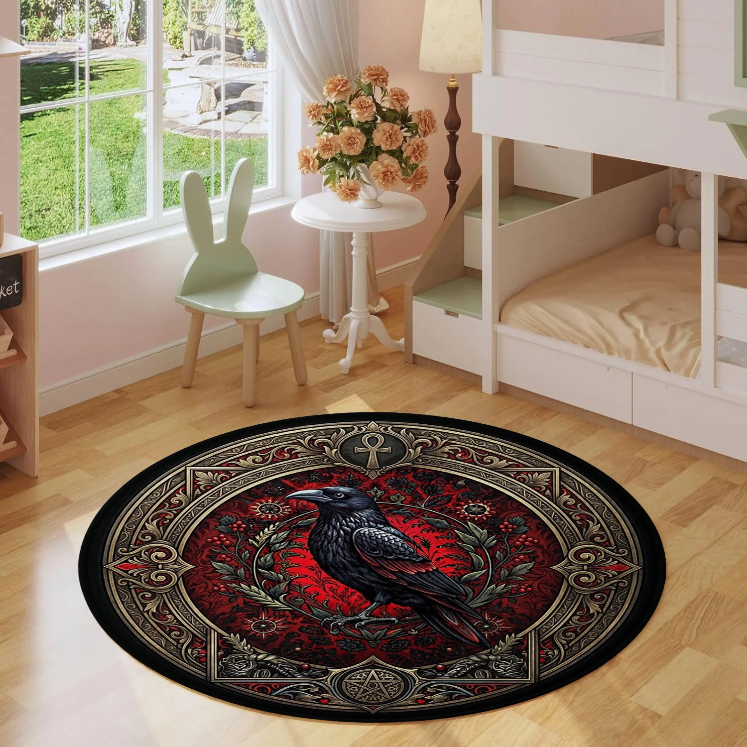 Gothic Raven Round Rug, Dark Red Floral & Celtic Knot Pattern Non-Slip Floor Mat, Vintage Occult Circle Carpet for Living Room