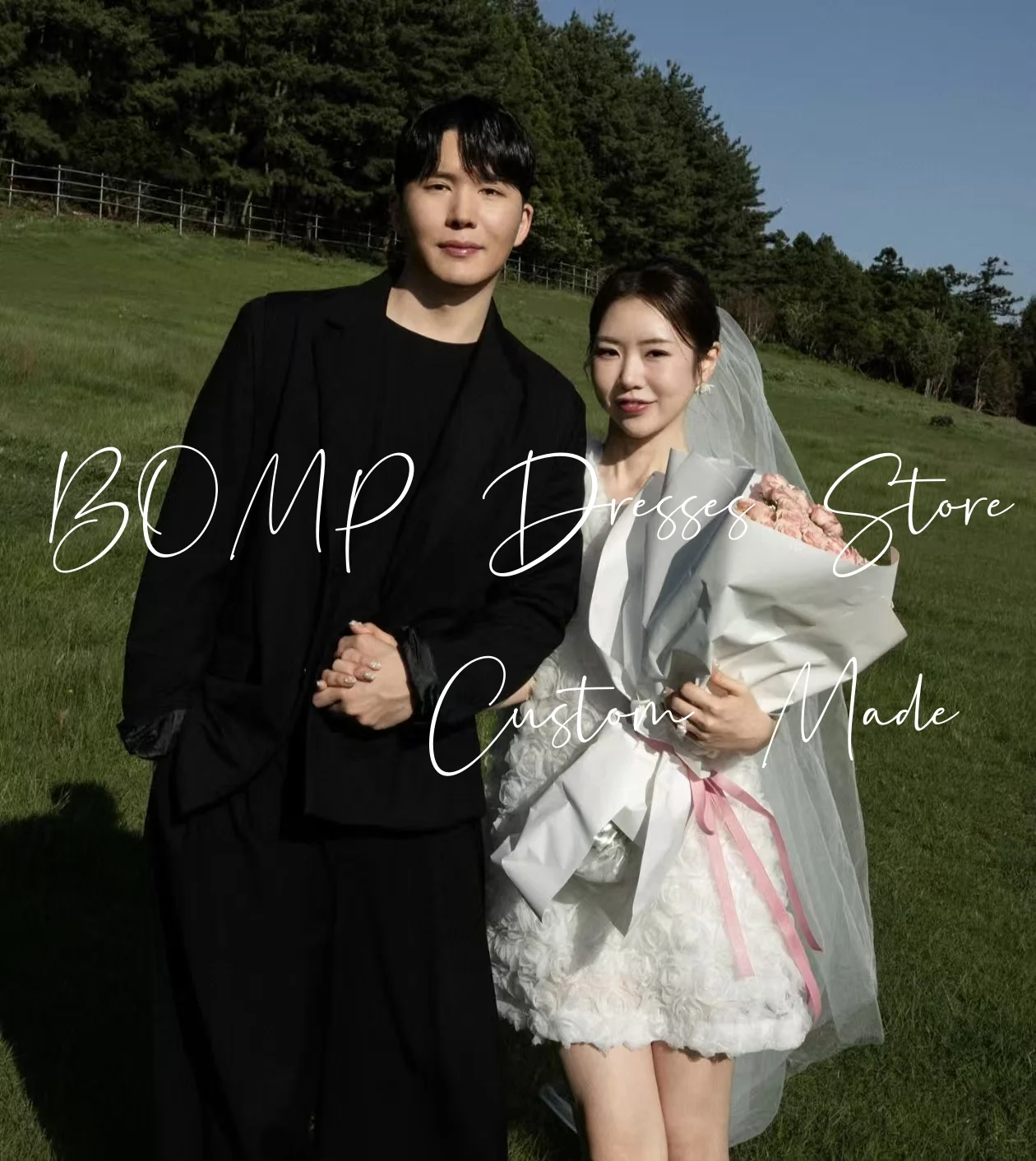 BOMP Sweet Flowers Wedding Party Short Dress O-Neck A-Line White Tulle Korea Photo Shoot Bridal Reception Gown Customized