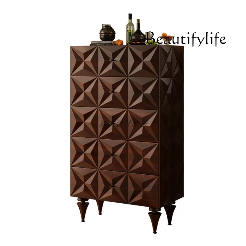 

Medieval style chest of drawers, retro rhombus carved storage cabinet, solid wood storage cabinet