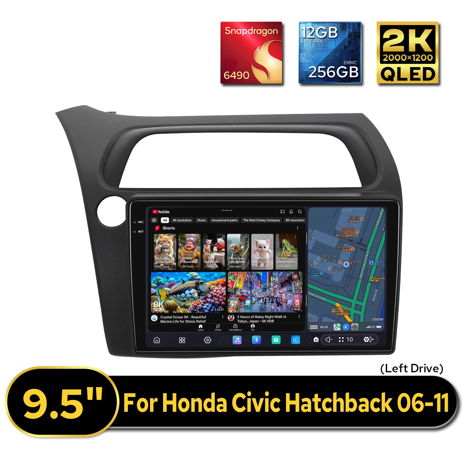 2K QLED 9.5 Inch Car Stereo Radio 12GB+256GB for Honda Civic Hatchback 2006-2011 LHD 2000*1200 CarPlay Plug&Play No Wire Alter