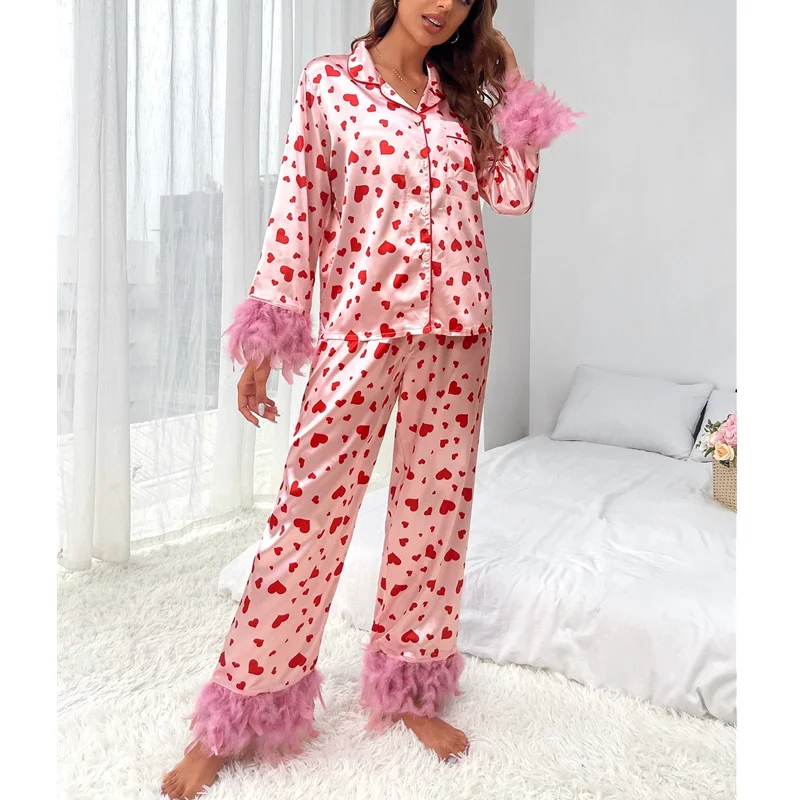 Xingqing Valentines Day Pajamas Heart Print Feather Cuff Long Sleeve Lapel Button Down Tops with Long Pants Satin Loungewear Set