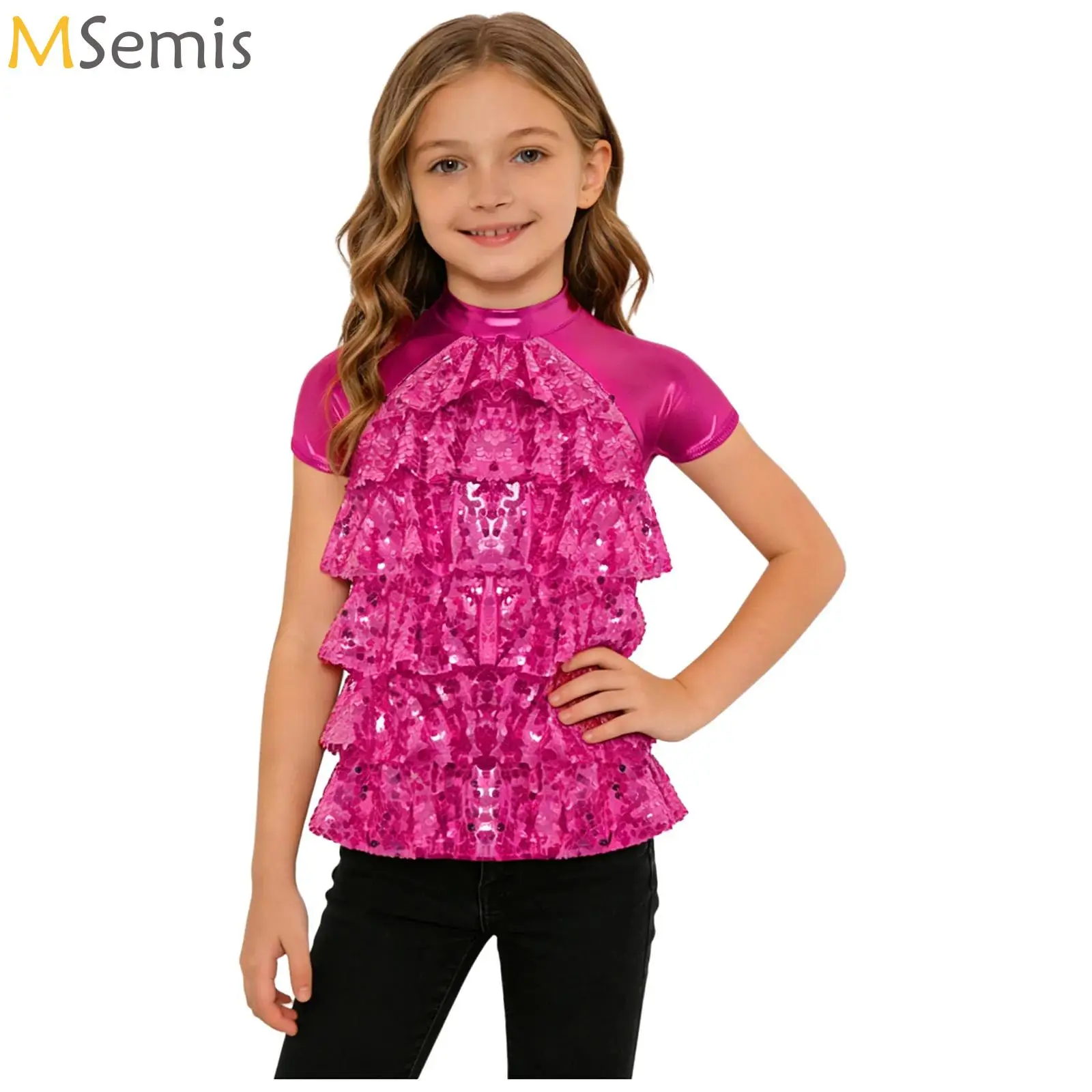

Kids Girls Salsa Cha-Cha Latin Dance Top Tassels Shiny Sequin Short Sleeve Crop Tops T-shirt for Modern Jazz Performance Clothes