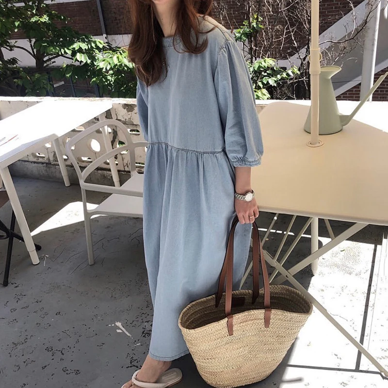 Retro Lazy Sle round Ne High Waist Loose ket Seven Sve Wa Blue Jeans Long Dr Chic Commute Loose Waist