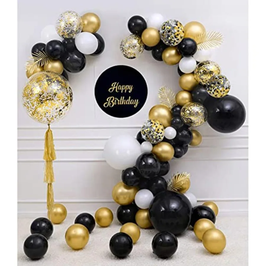 Black Gold Confetti Balloons 50 pack 12 Inch Gold White and Black Confetti Balloons with Ribbons for Graduation Birthday Wedding