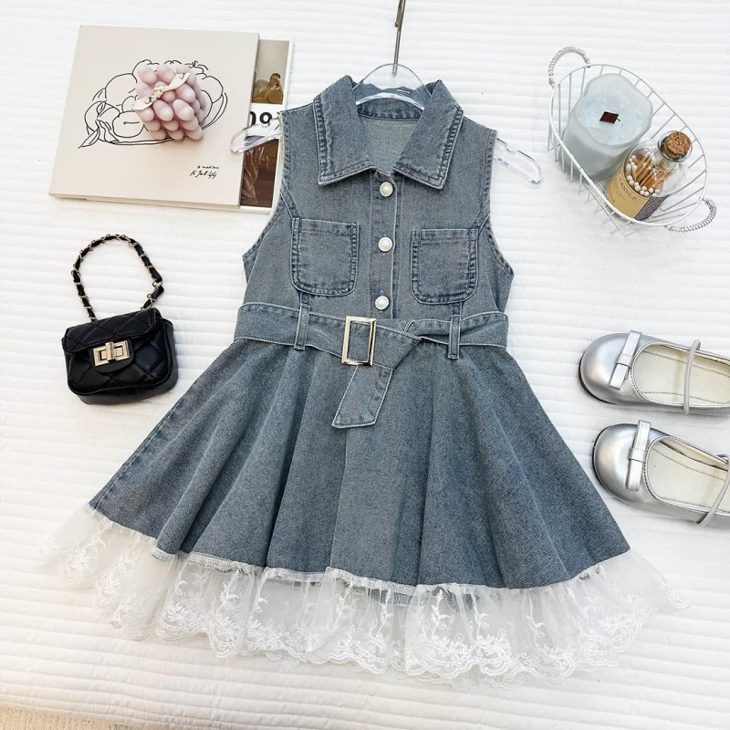

Girls' Soft Denim Dress2026New Summer Sleeveless Lace Patchwork Collared Dress for Baby Girls